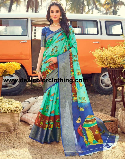 Turquoise Silk Printed Ready To Wear