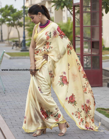 Cream Printed Satin Saree