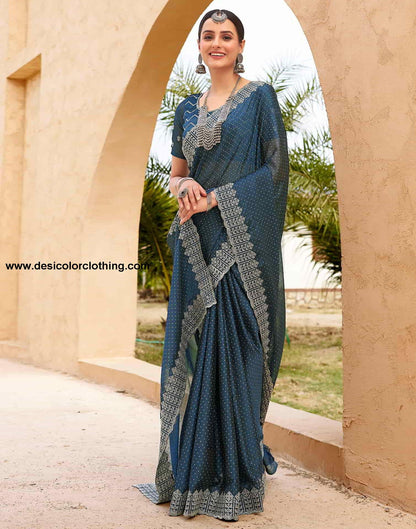 Blue Swarovski Georgette Embroidery Saree