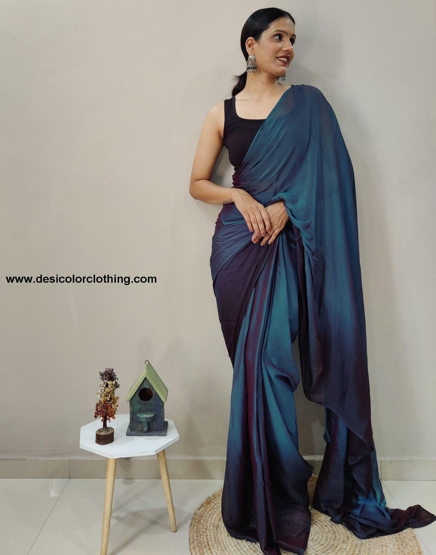Blue Chiffon Pre-draped Saree