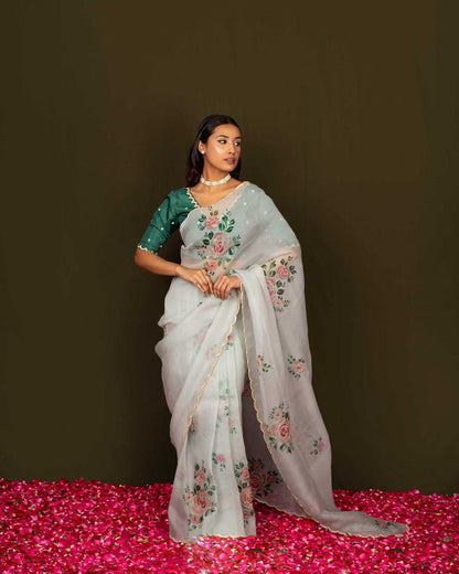 Product Image - Designer Satin Organza Saree with Handcrafted Floral Prints and Pearl Cutwork Border