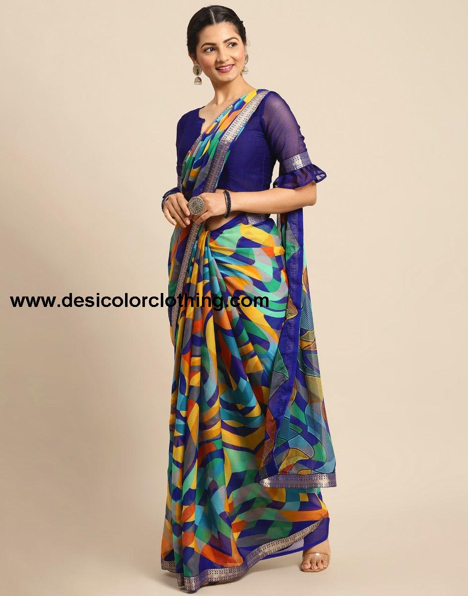 Royal Blue Coloured Chiffon Geometric Printed Saree | SLV2212S1032