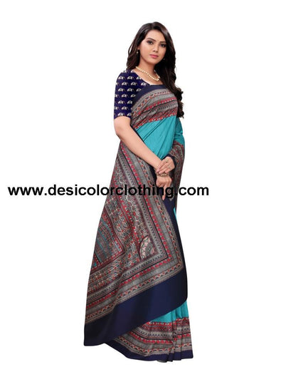 Torquise Blue Coloured Poly Silk Digital Printed Partywear saree