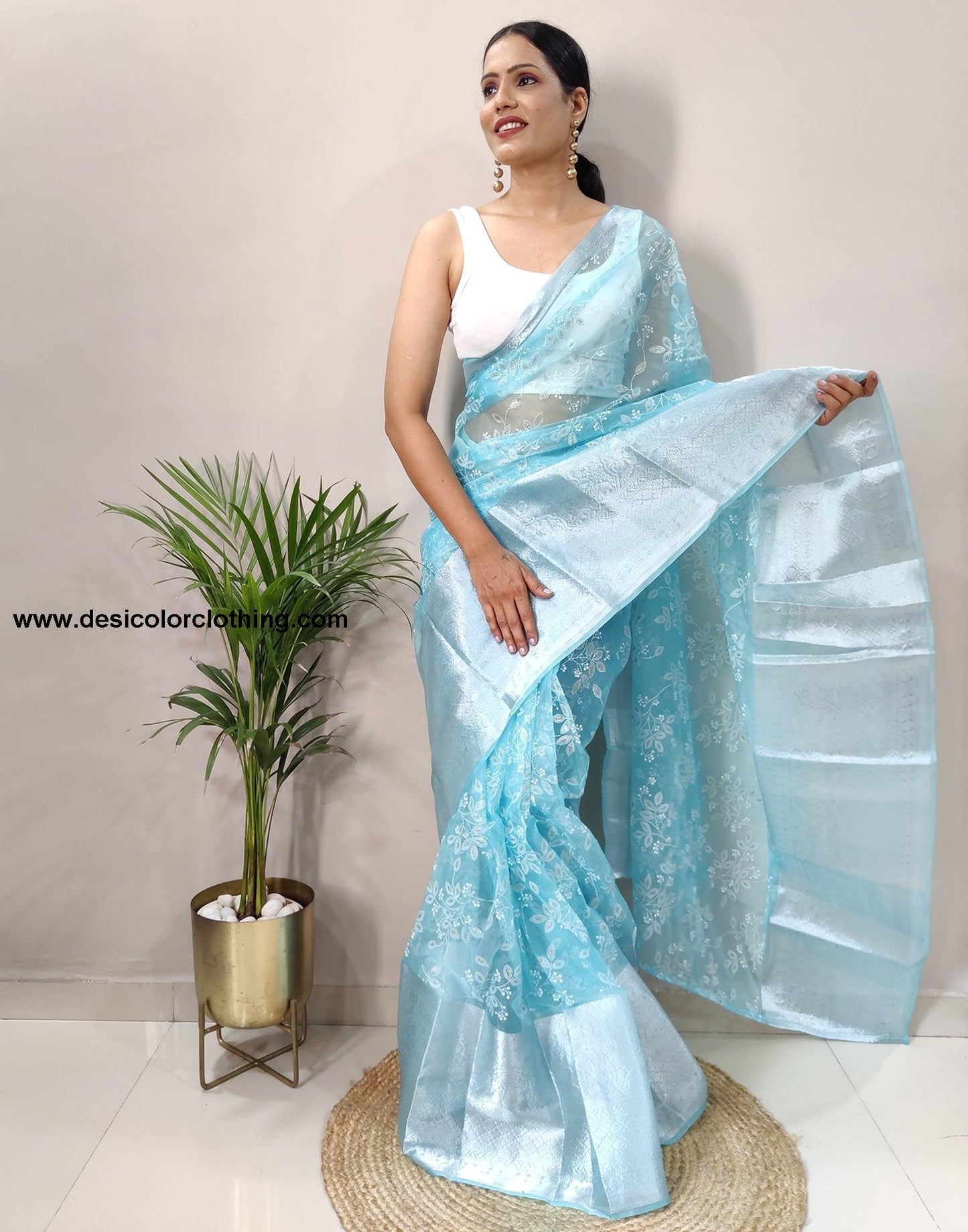 Sky Blue Organza Weaving Saree