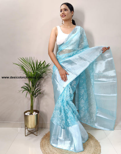 Sky Blue Organza Weaving Saree