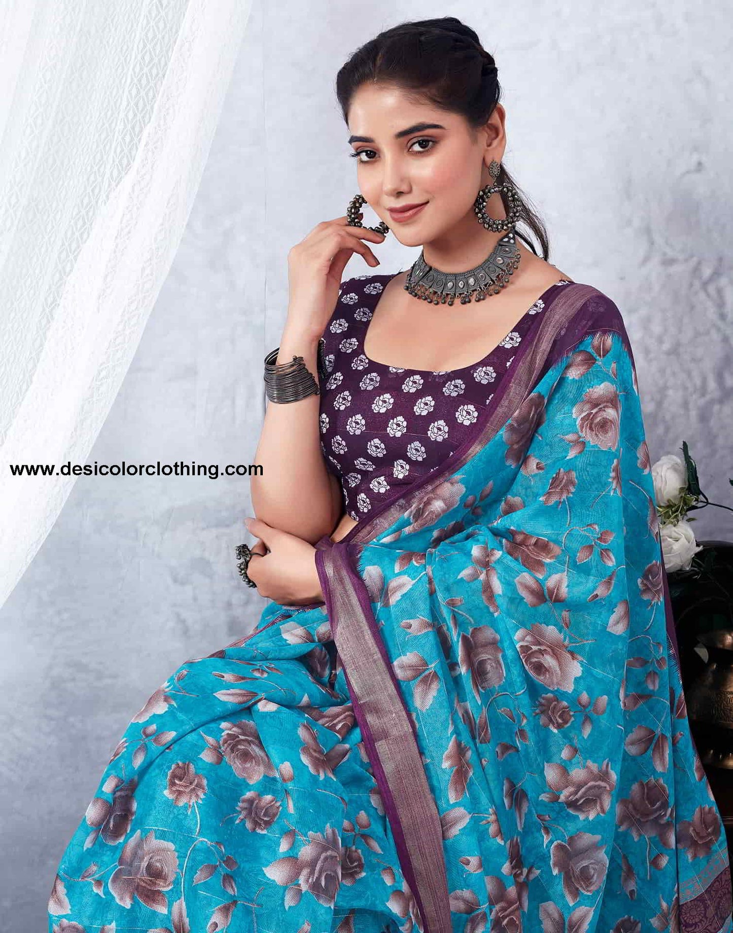 Purple Printed Cotton Saree