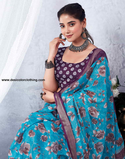 Purple Printed Cotton Saree