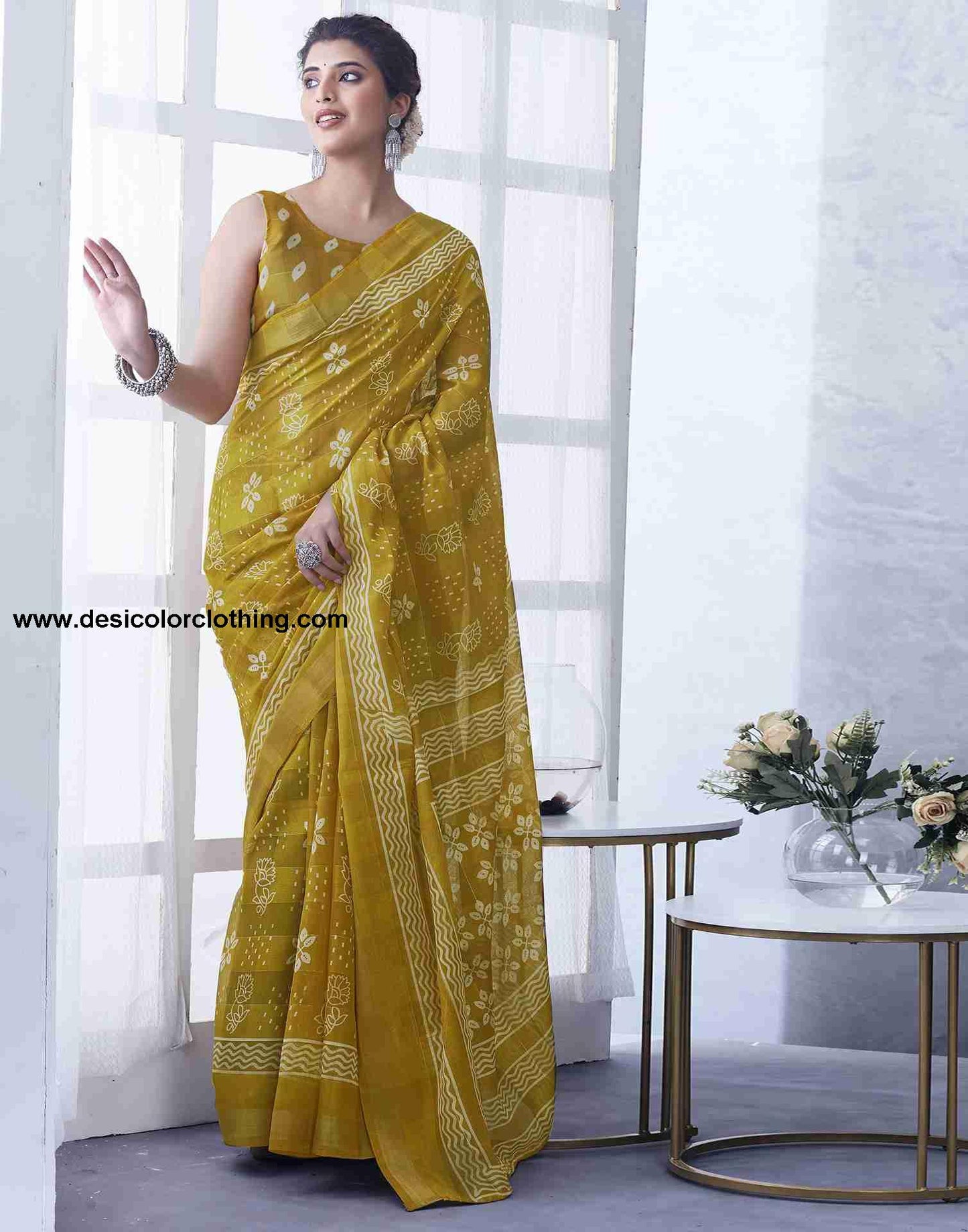 Yellow Cotton Printed Saree