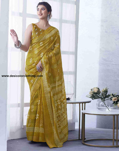 Yellow Cotton Printed Saree