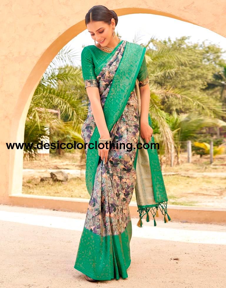 Teal Green Silk Printed Ready To Wear
