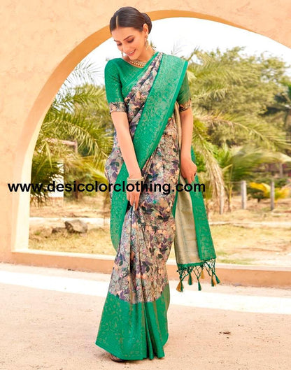 Teal Green Silk Printed Ready To Wear