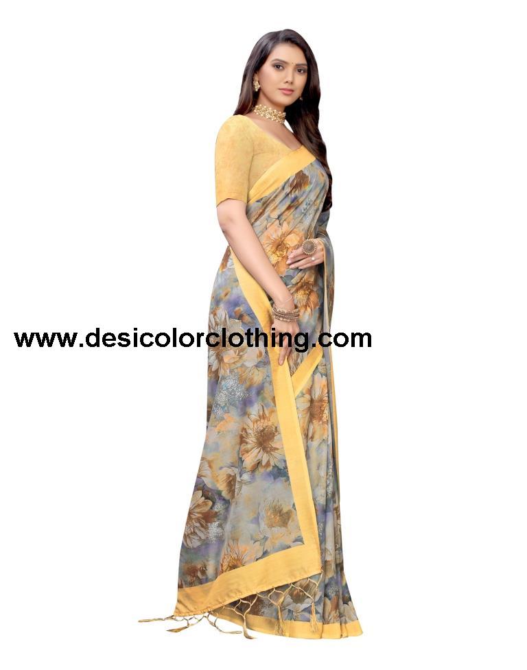 Yellow Printed Silk Saree