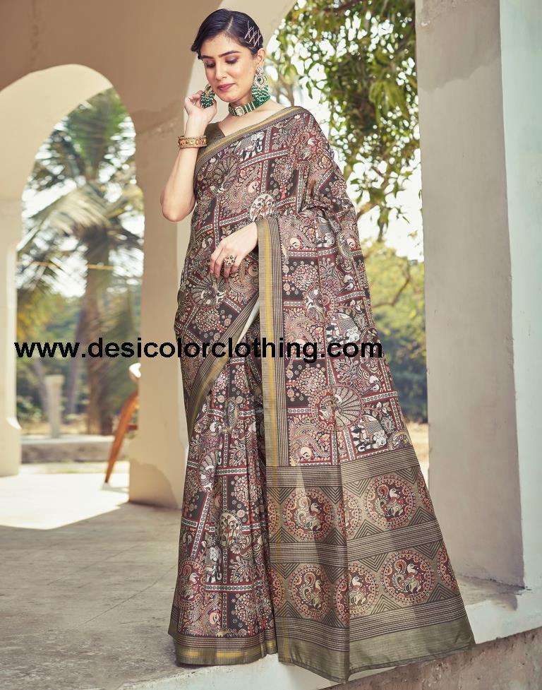 Brown Silk Printed Ready To Wear