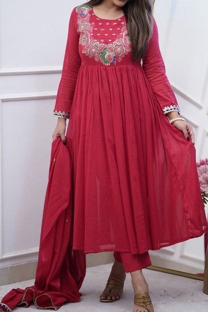 Product Image - Designer Cotton Anarkali Suit Set with Embroidered Dupatta - Festive & Wedding Wear