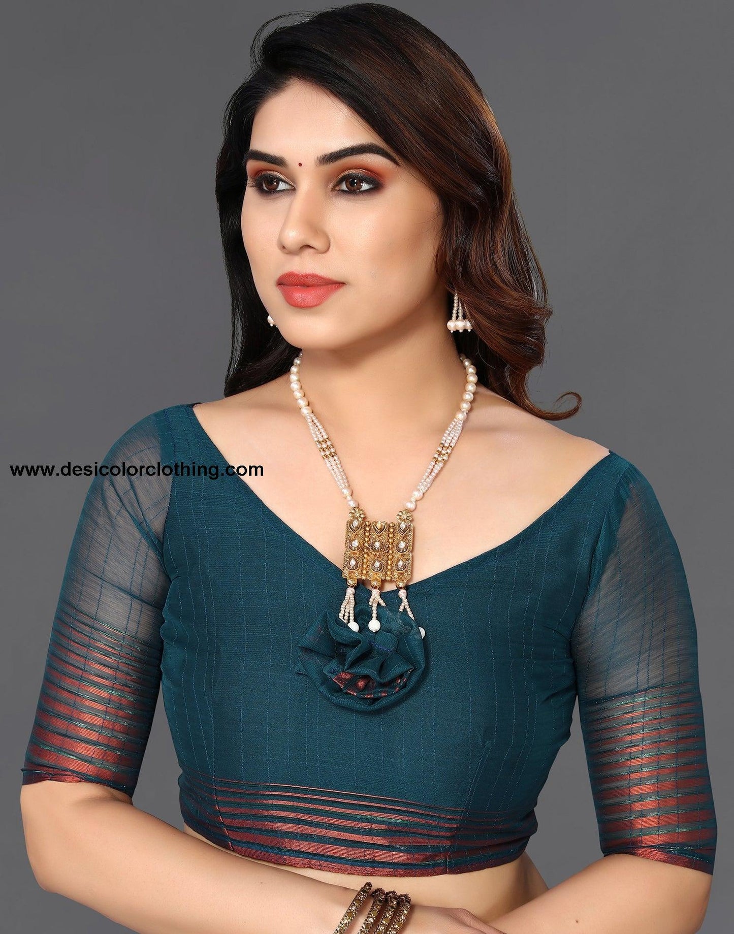 Teal Blue Chiffon Plain Saree