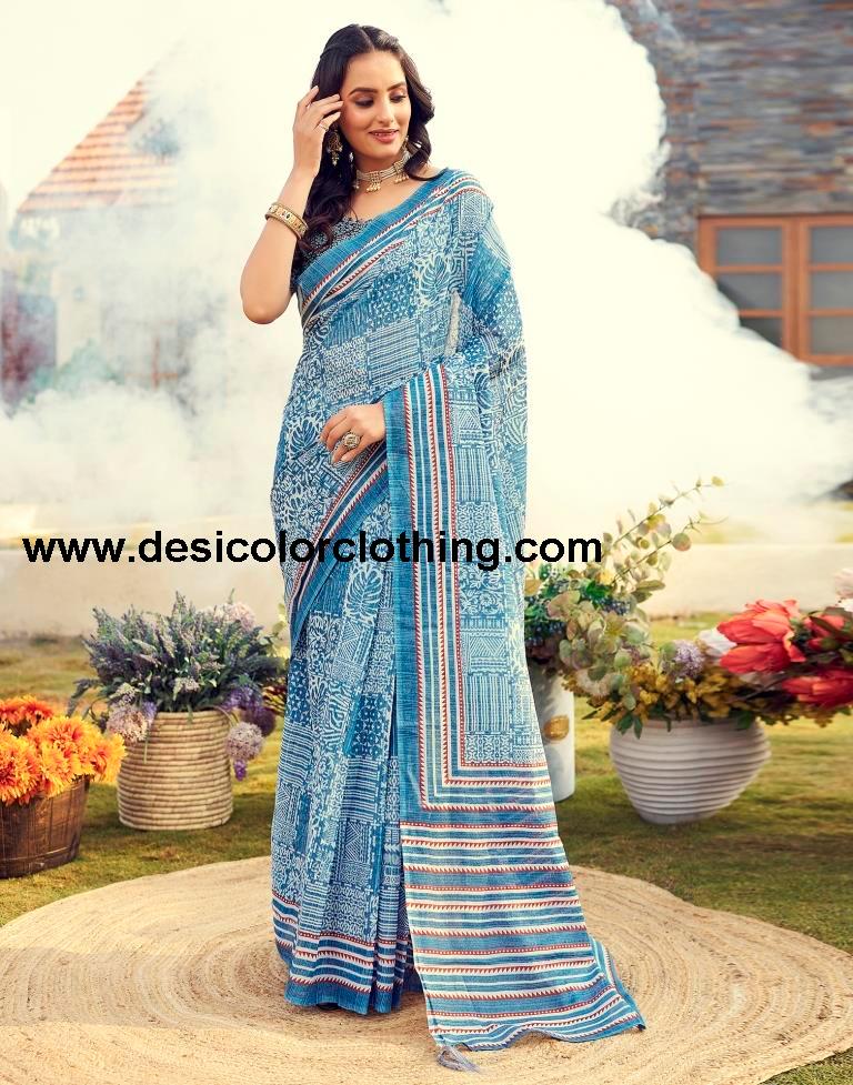 Blue Cotton Printed Ready To Wear