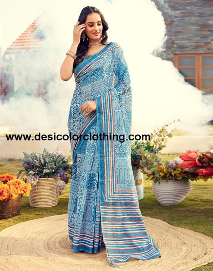 Blue Cotton Printed Ready To Wear