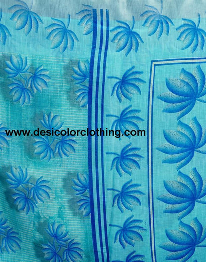 Turquoise Linen Printed  Saree