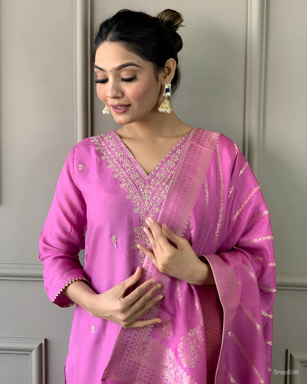 Product Image - Elegant Viscose Chanderi Designer Kurta Pant with Organza Silk Dupatta - Festive Wear