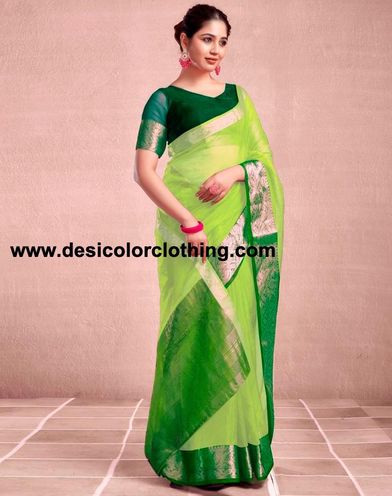 Dark Green Orgenza Plain Saree
