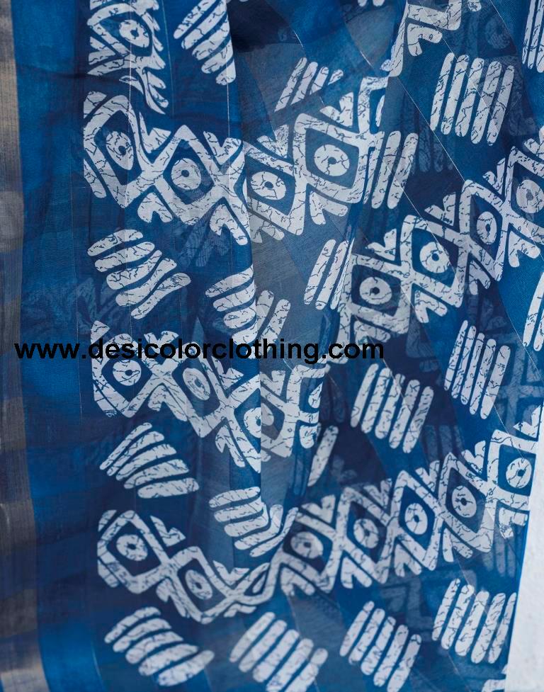 Dark Steel Blue Printed Cotton Saree