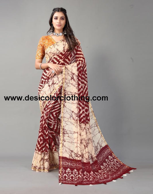 Wine Printed Cotton Saree
