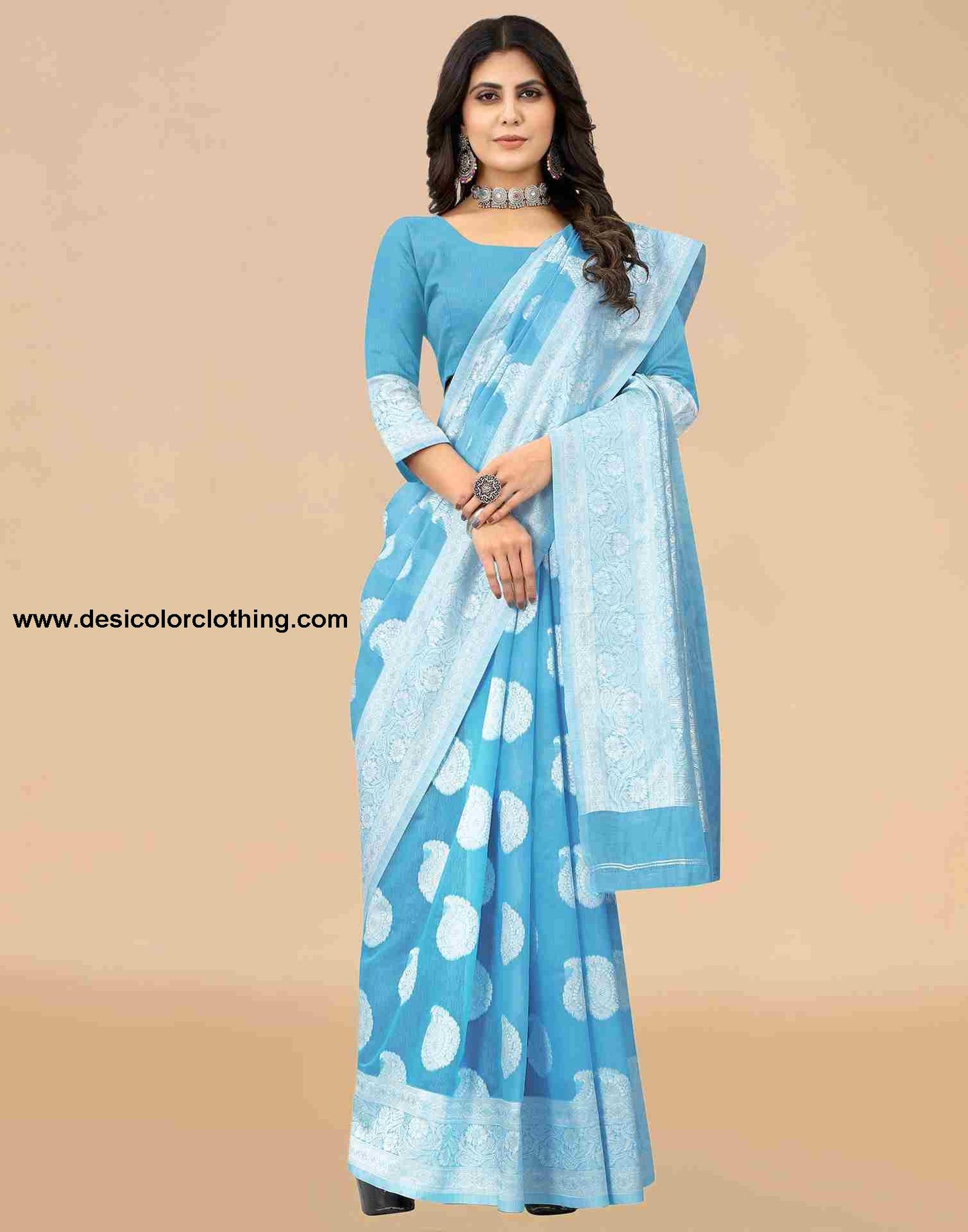 Blue Cotton Plain Saree