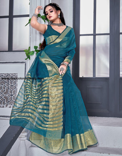Teal Blue Plain Organza Saree