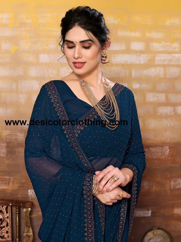 Teal Blue Plain Georgette Saree