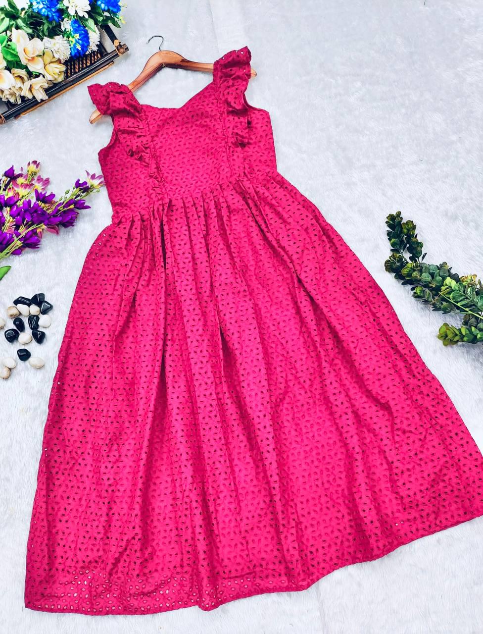Product Image - Pink Blossom Designer Schiffli Cotton Dress - Perfect Festive Wear