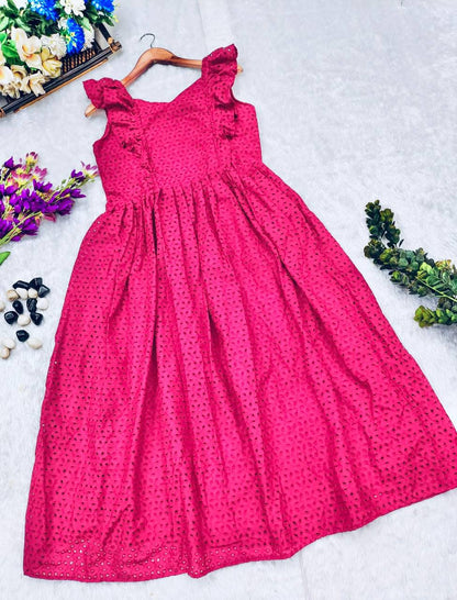 Product Image - Pink Blossom Designer Schiffli Cotton Dress - Perfect Festive Wear