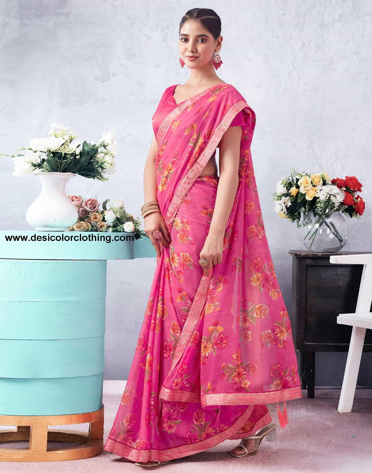 Pink Printed Chiffon Saree