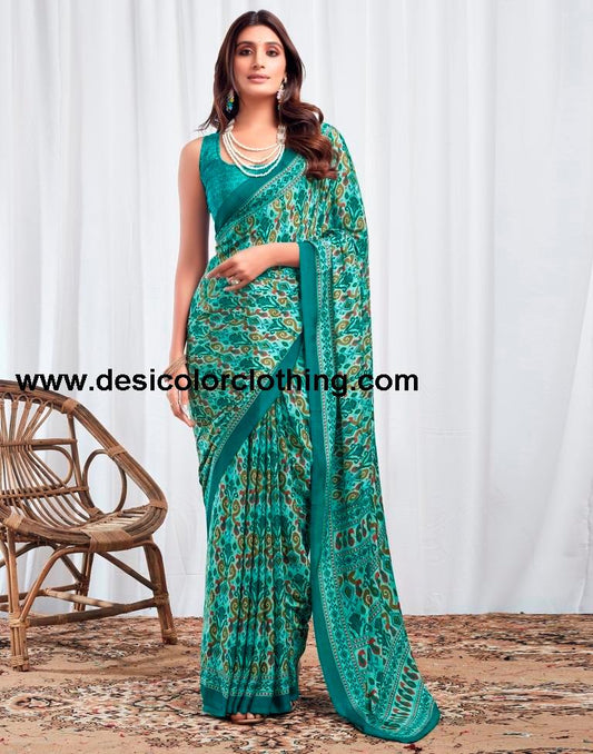 Teal Blue Silk Printed Sarees