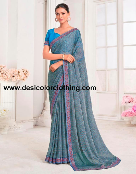 Dusty Blue Chiffon Printed Saree