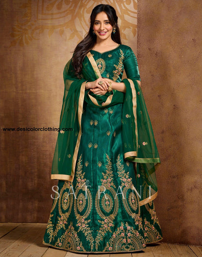 Bottle Green Coloured Poly Silk Embroidered Partywear Lehenga  | SLV125L10495