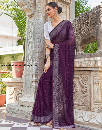 Wine Swarovski Georgette Stone Work Saree