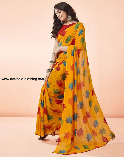 Turmeric Yellow Printed Georgette Saree