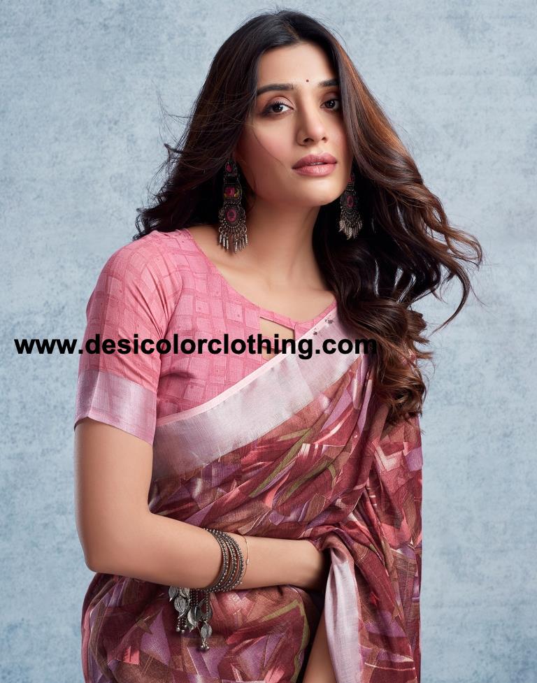 Wine Linen Printed  Saree