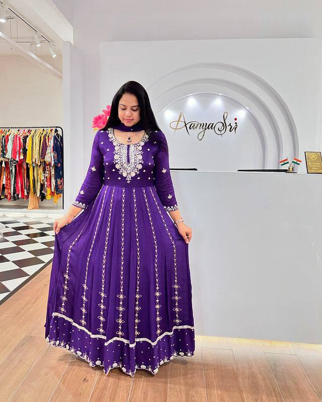 Product Image - ANAYA - Elegant Embroidered Chinnon Anarkali Dress