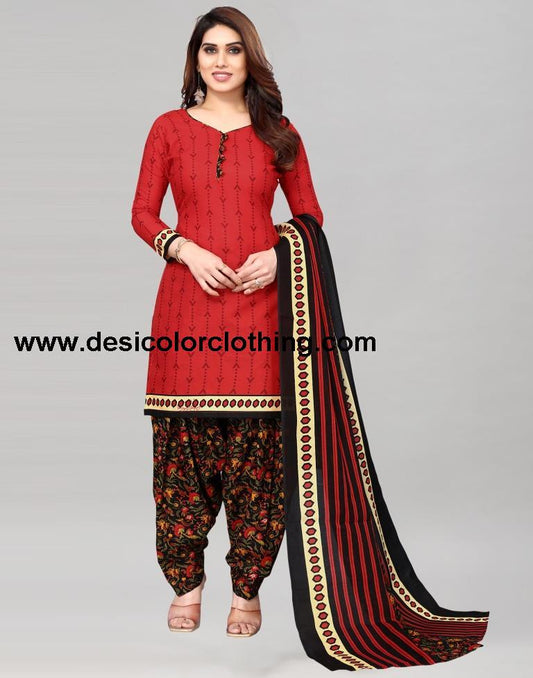 Red Printed Cotton Unstitched Salwar Suit Material