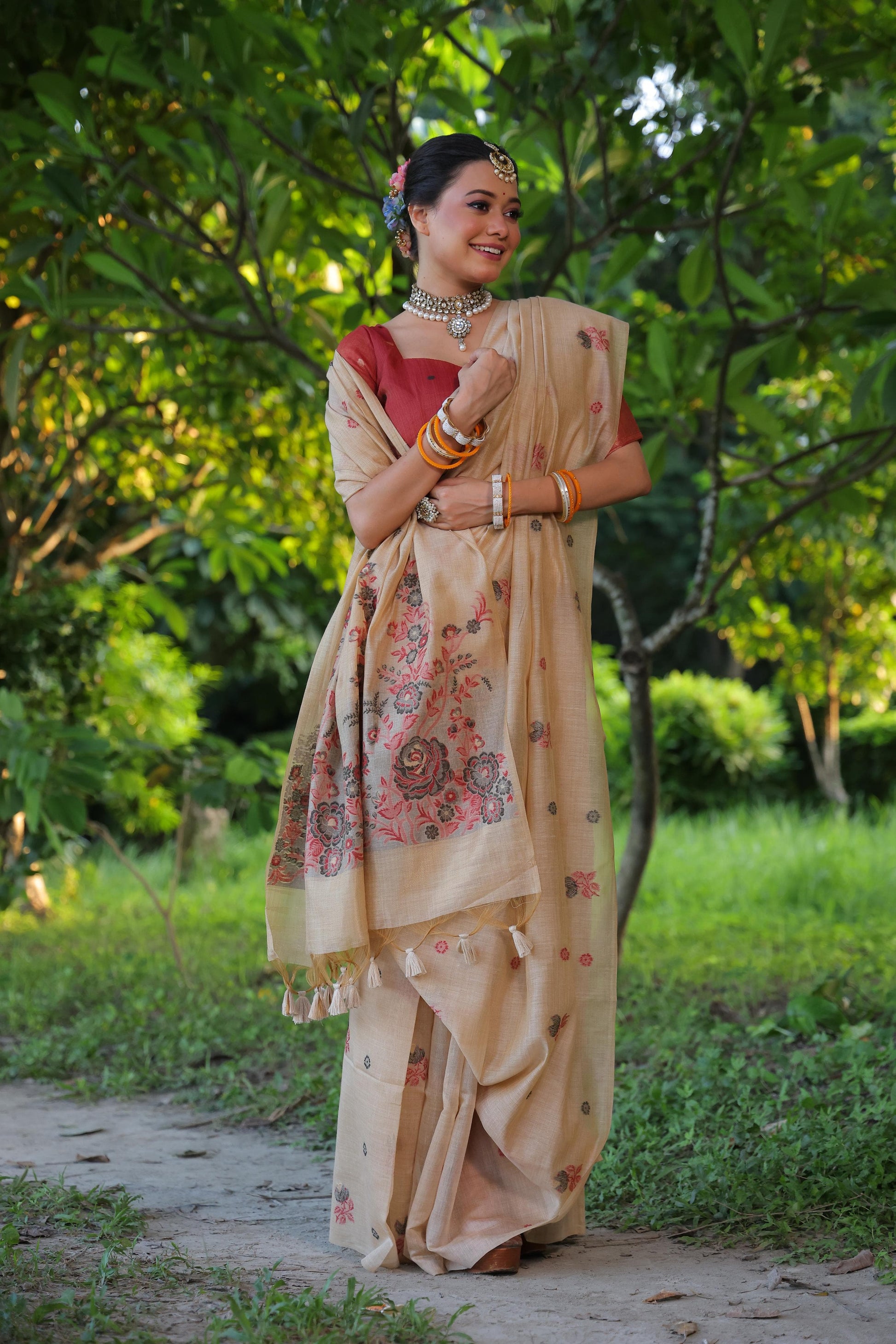 Product Image - Designer Muga Cotton Saree with Floral Weaving
