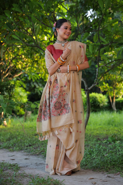 Product Image - Designer Muga Cotton Saree with Floral Weaving