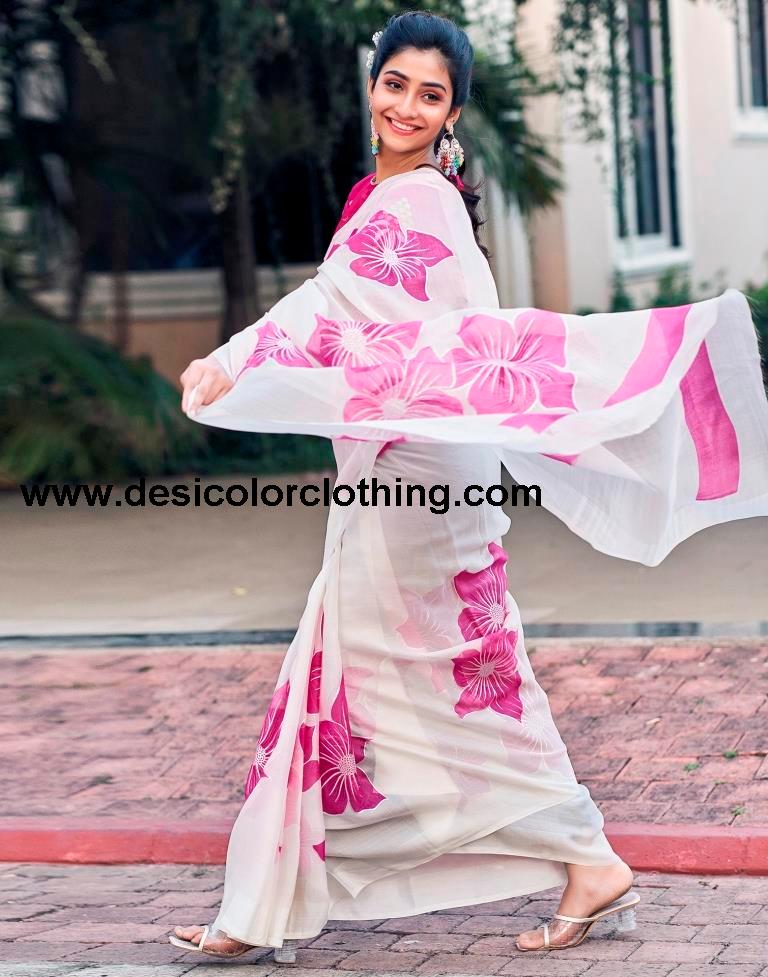 White Silk Printed Saree