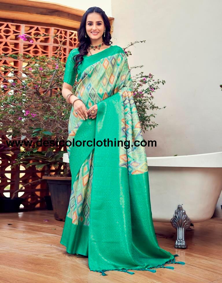 Turquoise Silk Printed Ready To Wear