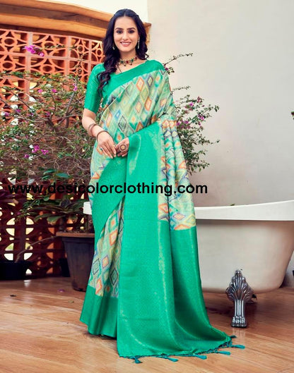 Turquoise Silk Printed Ready To Wear