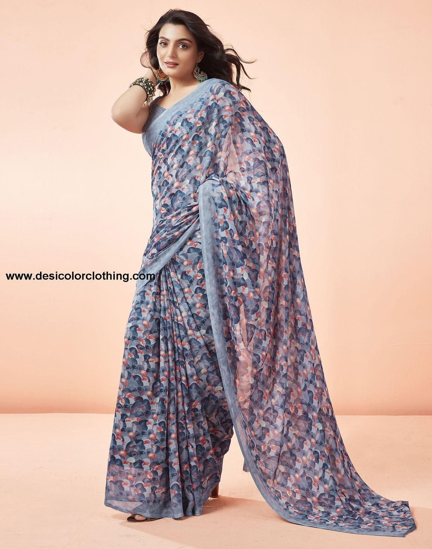 Steel Blue Printed Georgette Saree
