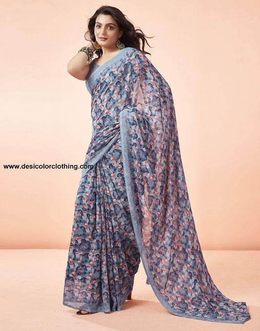 Steel Blue Printed Georgette Saree