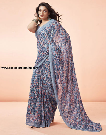Steel Blue Printed Georgette Saree