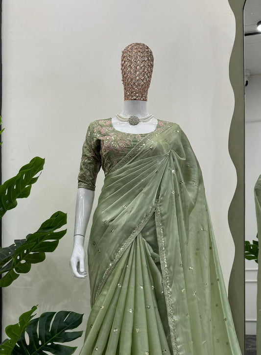 Product Image - Elegant Zimmy Choo Satin Saree with Sequence Embroidery