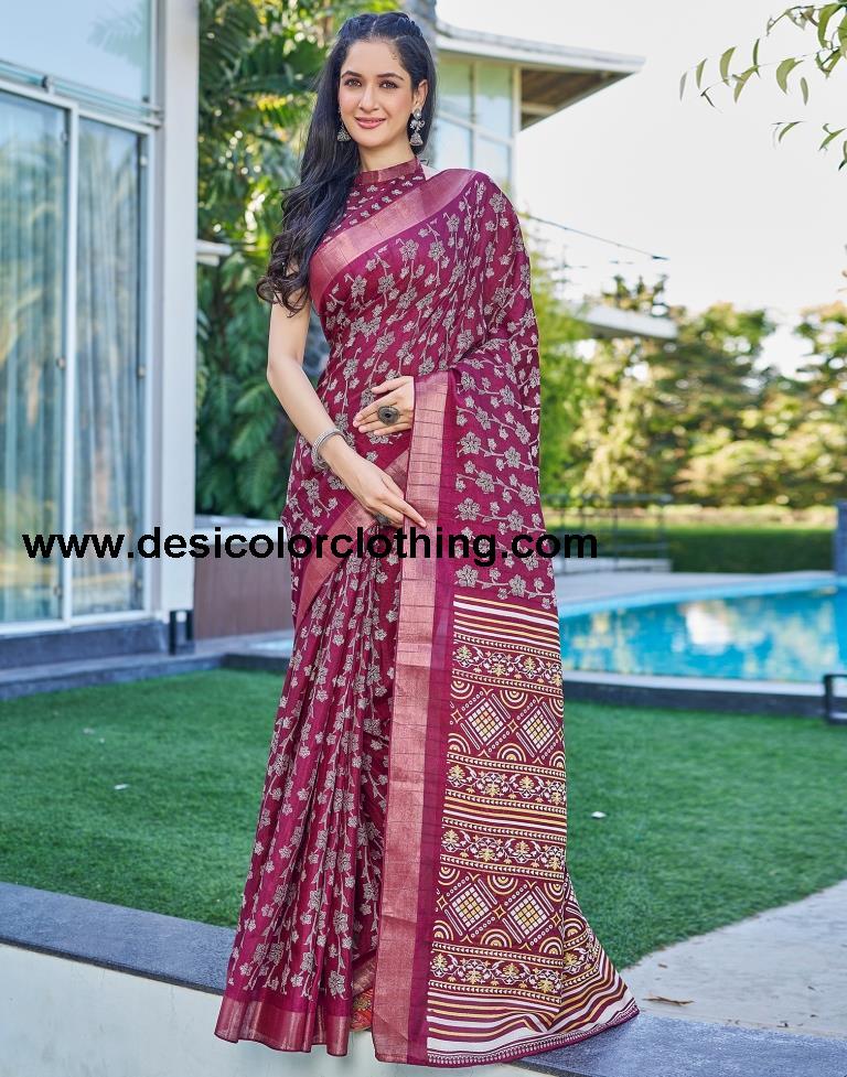 Wine Silk Printed Saree